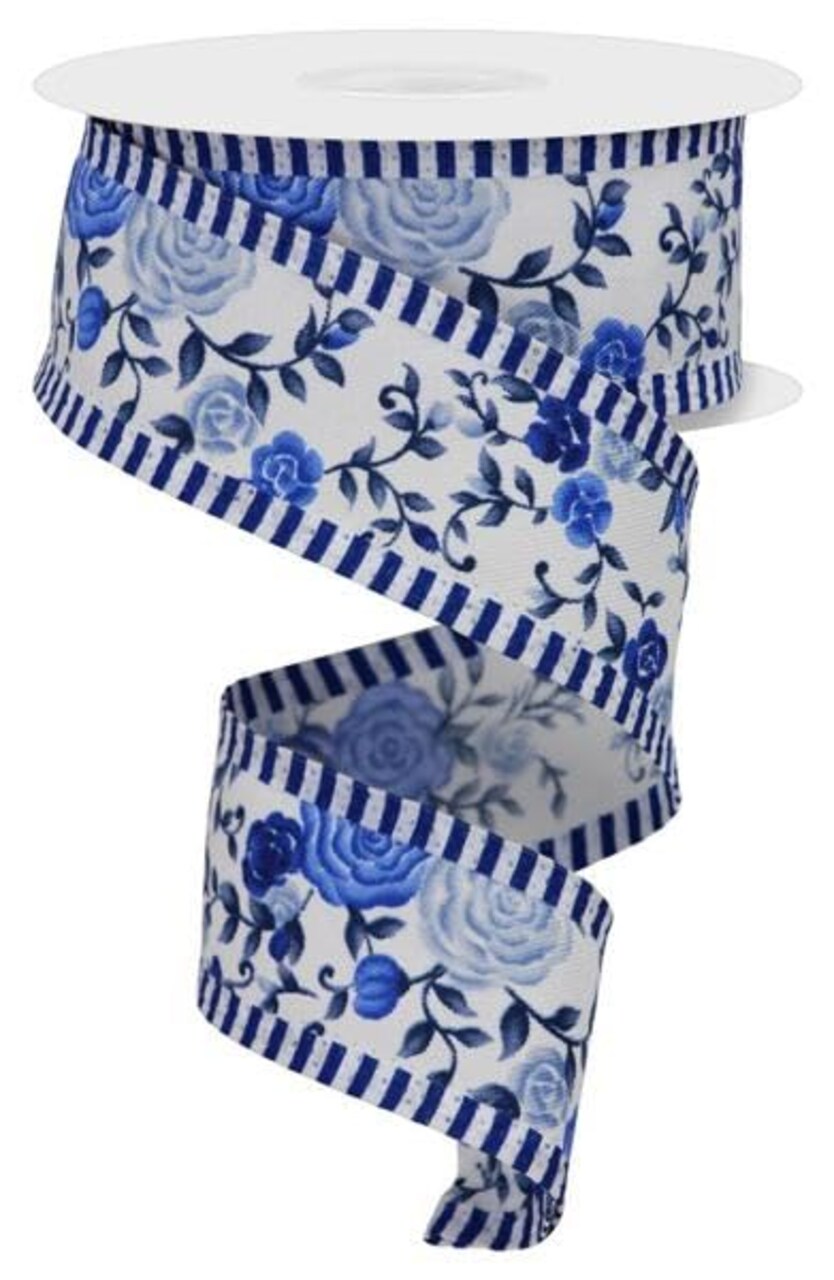 RG Ribbon: 1.5" Cottage Roses Wired Ribbon with Striped Edges - 10 Yards - White, Navy, Blue - For Bows, Wreaths, Crafts and Decorations